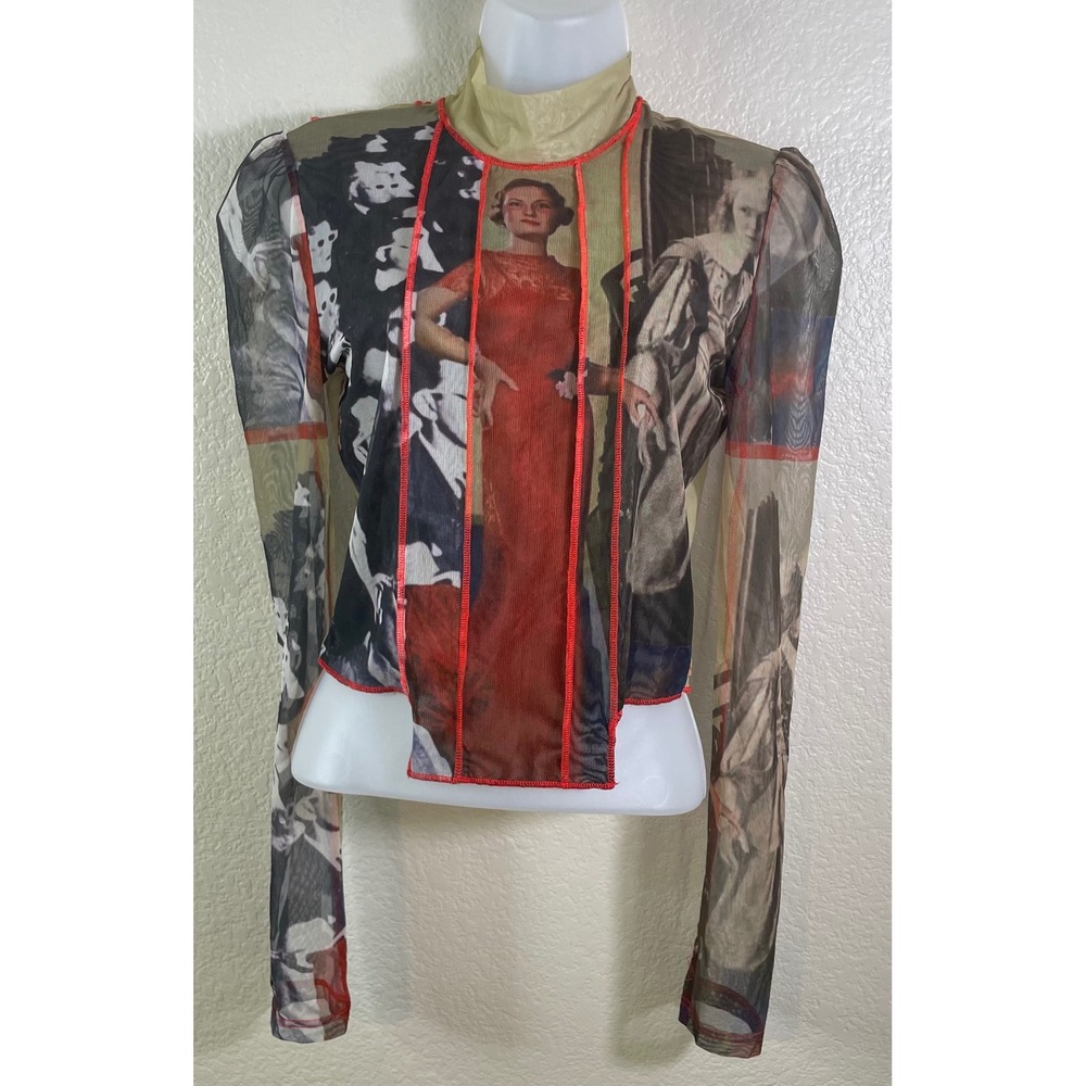 Flowers Birds Market S Mesh Top Tan Red Graphic Art Portrait Long Sleeve NEW